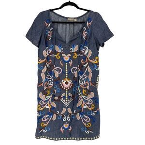 Anthropologie Embroidered Dress Holding Horses Chambray Short Sleeve Size 0 Blue